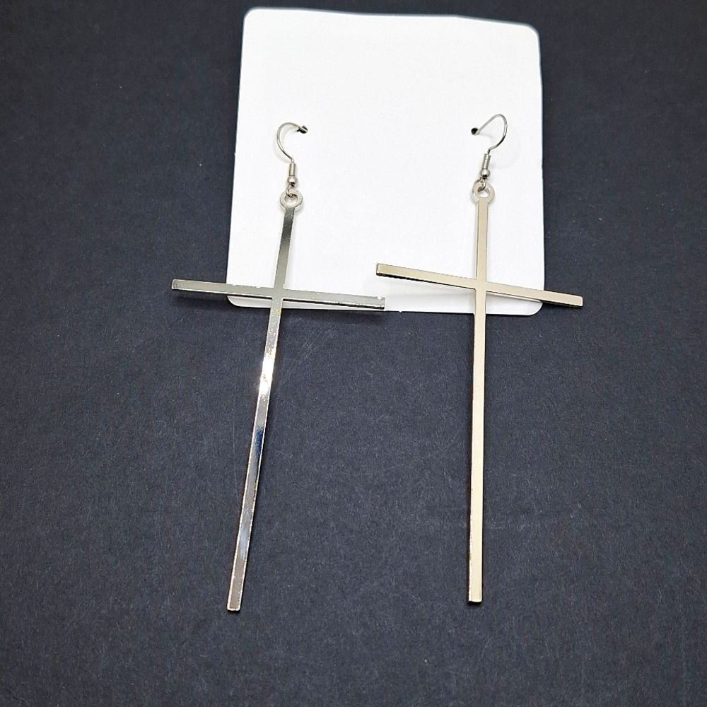 Long cross earrings Silver dangle crucifix